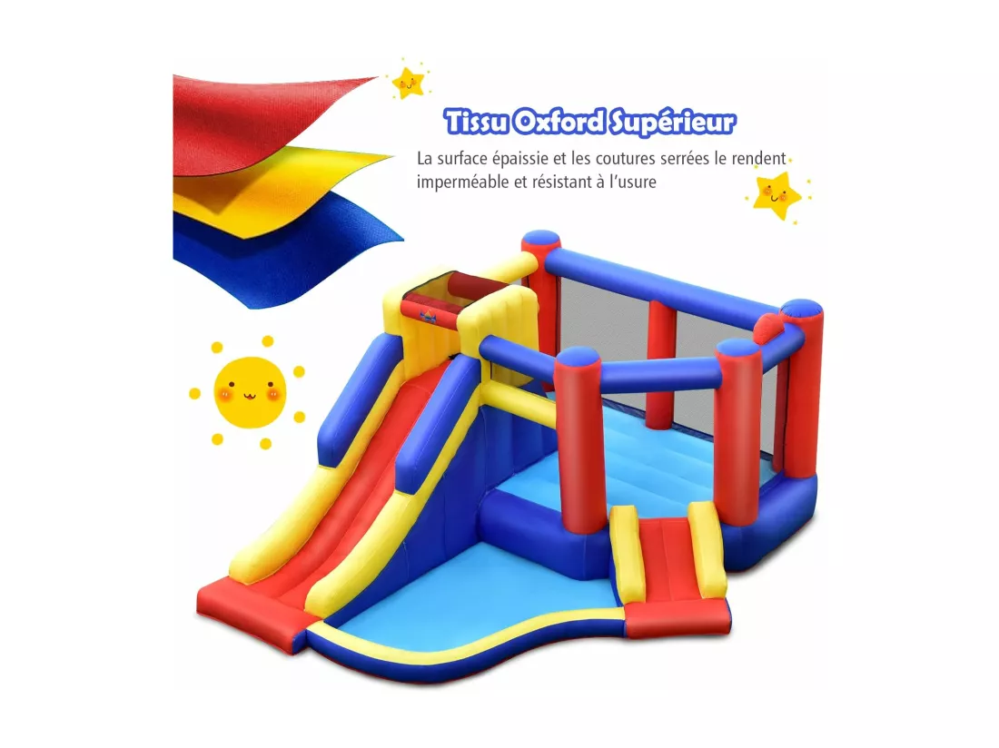 Château Gonflable avec Long Toboggan,Trampoline,Piscine à Balles,Mur d'Escalade,Panier de Basket Sac Transport avec Gonfleur 450W
