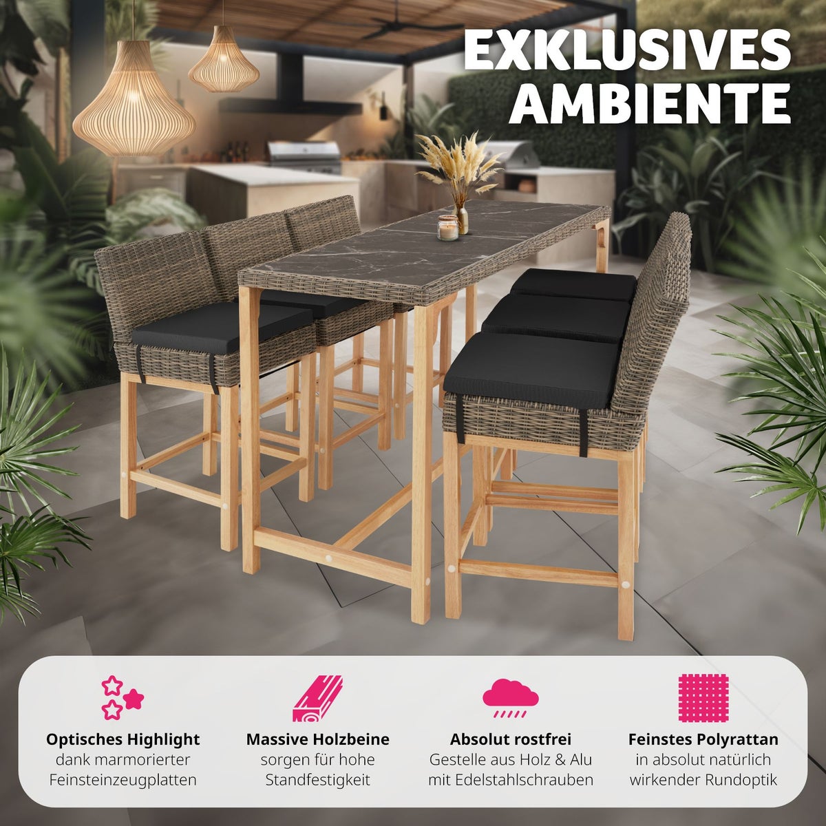 Lovas rotan tafel met 6 Latina stoelen van tectake, met aluminium frames en houten poten.