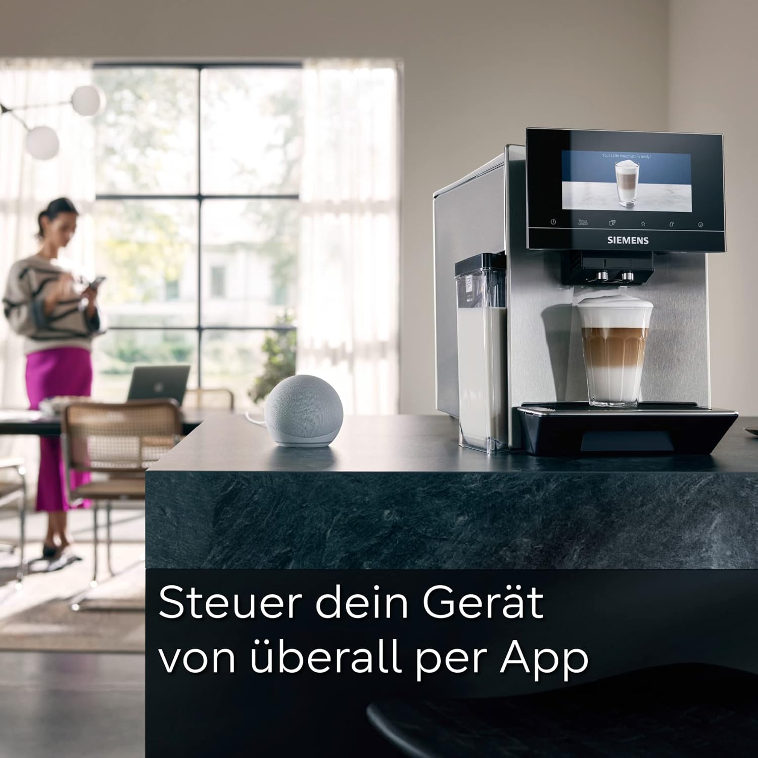 Siemens, machine à café automatique EQ900 TQ903D03, contrôle par l'application, écran tactile, mode barista, AromaBoost, réduction du bruit, broyeur premium, nettoyage à la vapeur, 1 500 W, inox