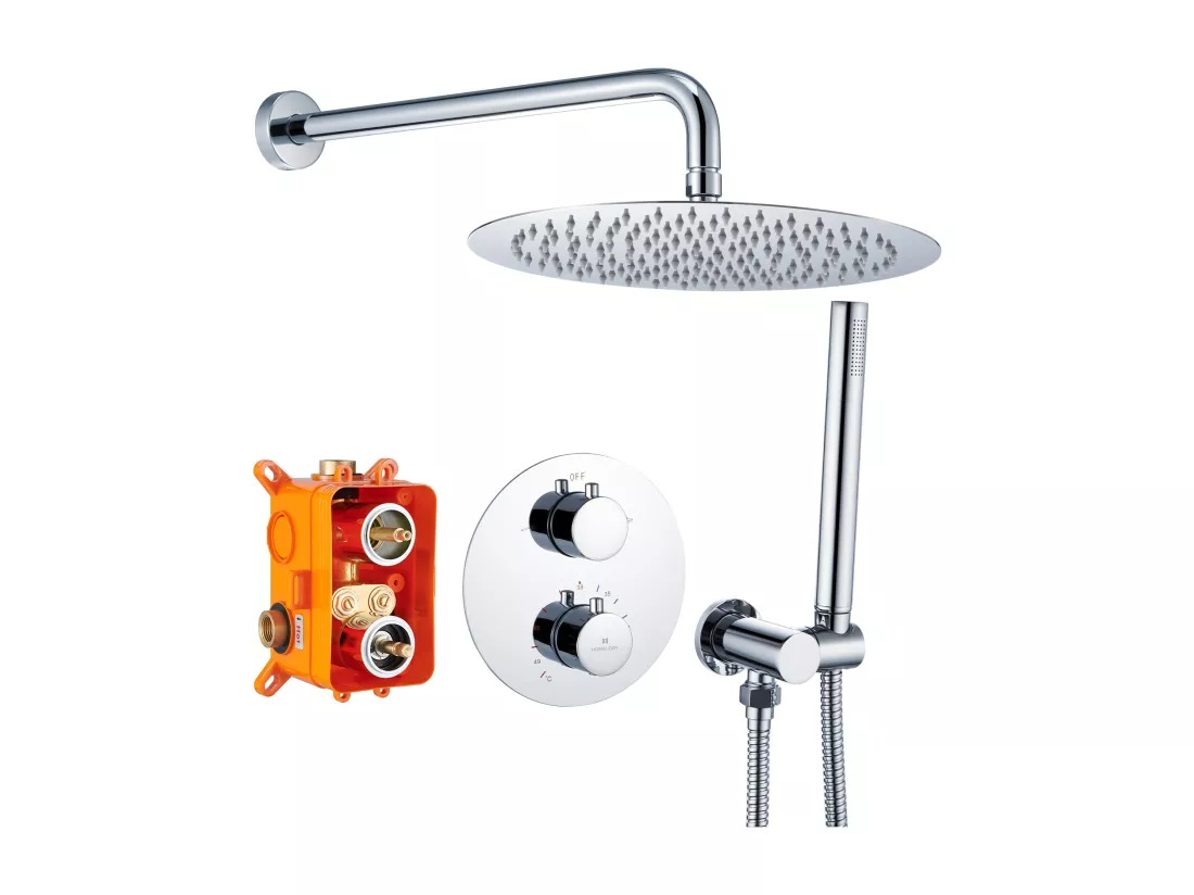 Encastré Colonne de Douche Thermostatique Système de Douche Rond Grande Douche de Tête Set de Douche Encastrée en Laiton Chromé Design Moderne