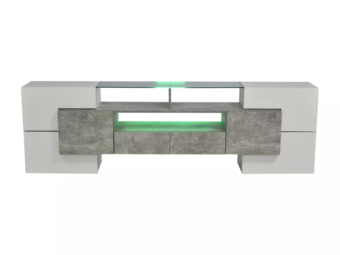 Meuble TV - 200x38x48cm LED brillant blanc et gris - finition verre - 4 portes de rangement 2 tiroirs 3 compartiments - gris