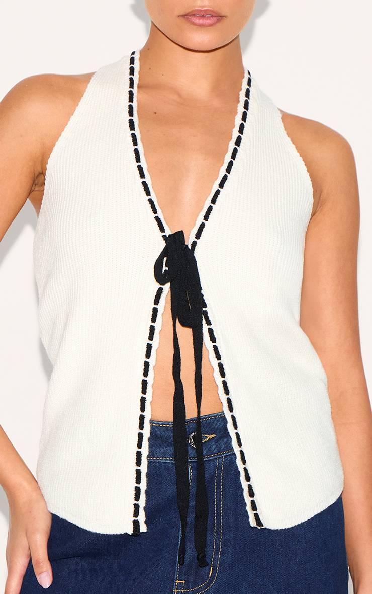 Crème Cardigan Petite En Maille Avec Nœud Sur Le Devant