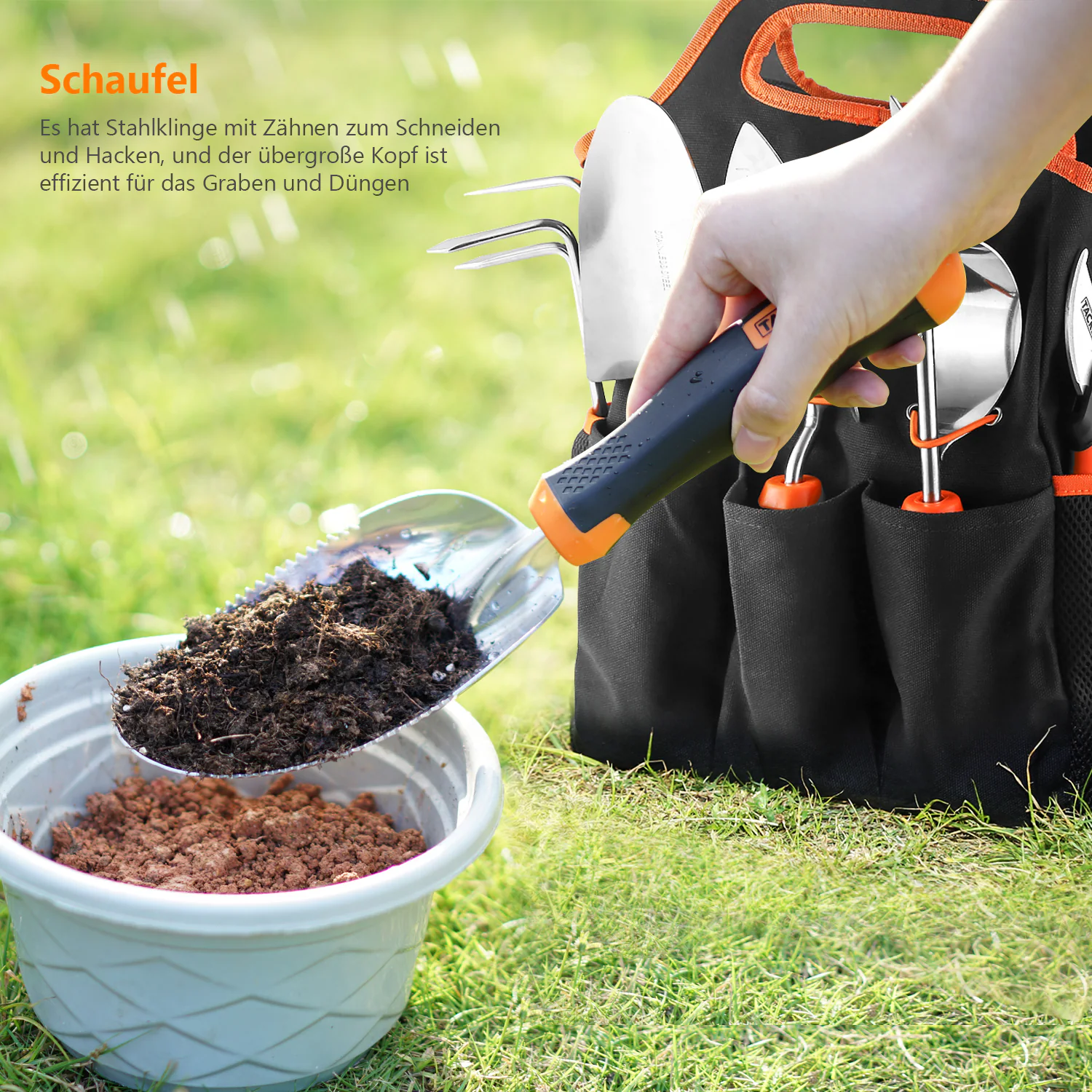 Tacklife GGT4A6-teiliges Gartenwerkzeug-Set Handschaufeln aus Edelstahl, Graben, Umpflanzen, Pflanzkellen, Rechen, robust, mit rutschfestem Gummigriff, Gartenschaufeln mit Aufbewahrungstasche