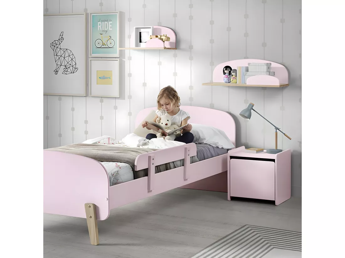 BODHI PINK - Lit 90x200cm avec Barrière + Chevet + Coffre