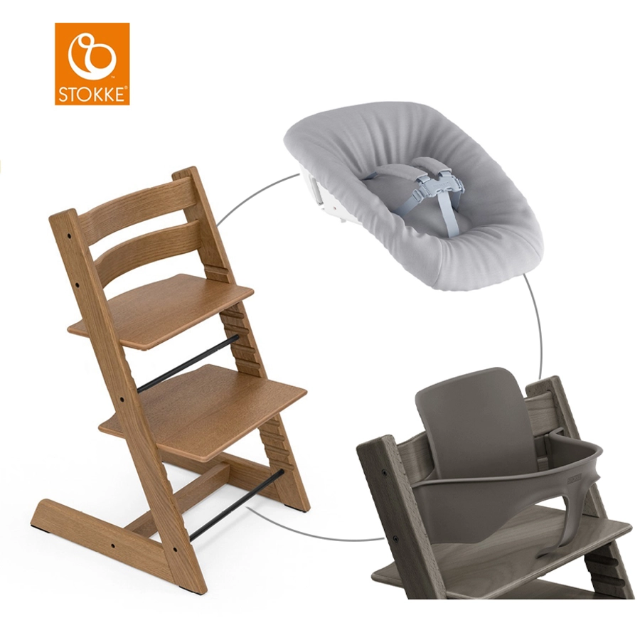 STOKKE® Mega Tripp Trapp® Set Hochstuhl Oak Brown inkl. Newborn Set™ Grey und Baby Set Hazy Grey