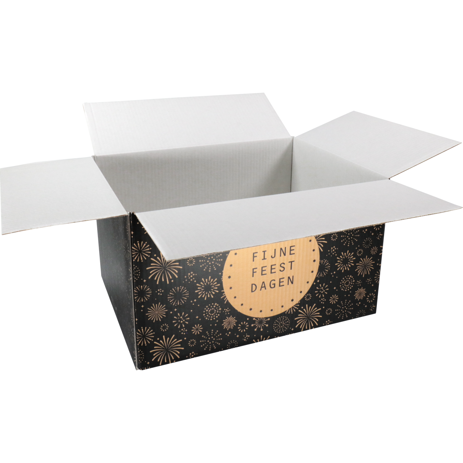Kerstpakketdoos, Vuurwerk, golfkarton, 39x29x23.2cm, Kerstmis, c, zwart/goud