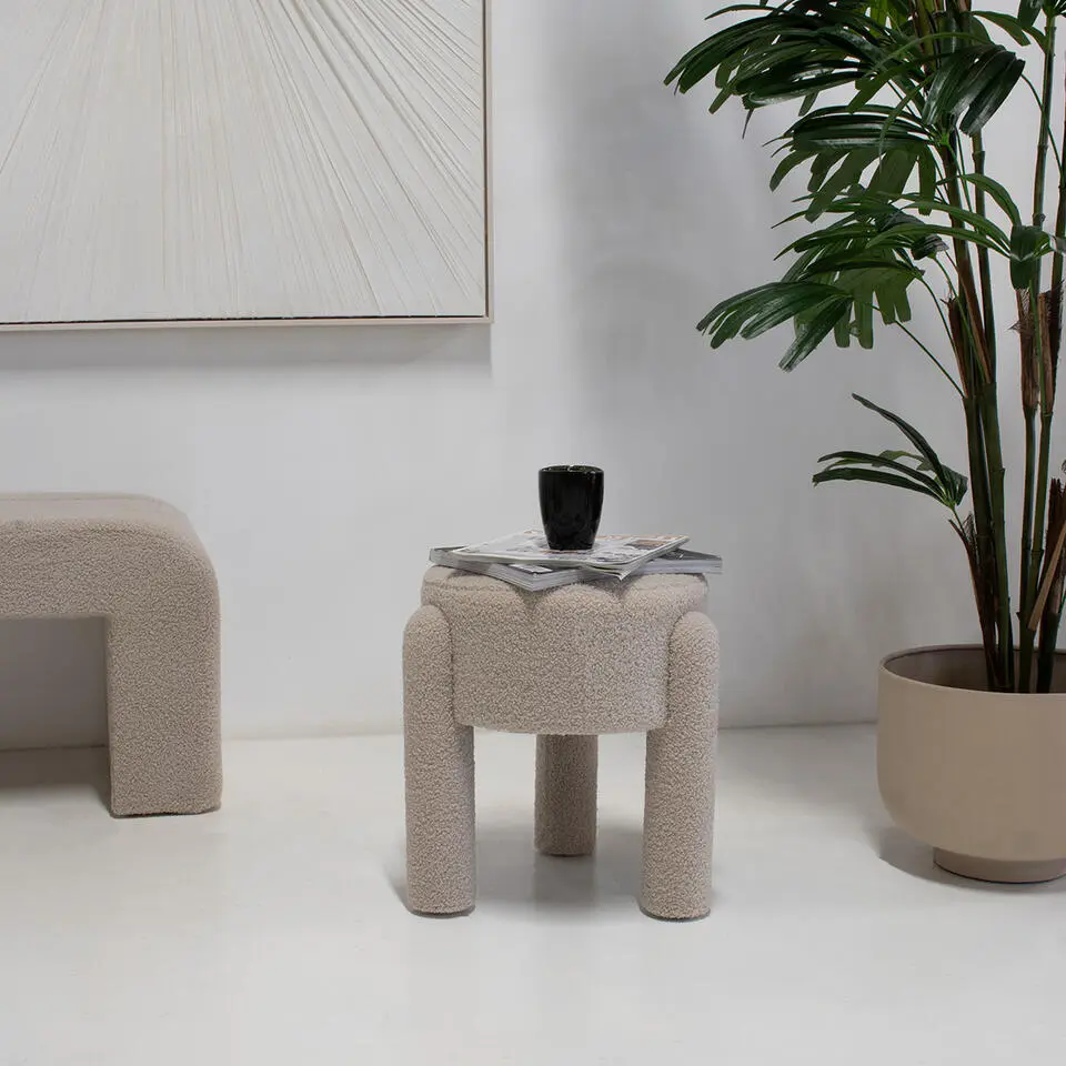 Poef Taupe Bouclé - 44x44x42cm - Yara