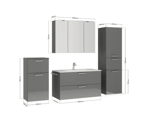 Badkamermeubelset NOBILIA Programma 2 BxHxD 210 x 169,1 x 48,7 cm, fronten hoogglans grijs, met wastafelmeubel en 3-deurs spiegelkast met ledverlichting, onderkast, halfhoge kast, greep mat chroom, 277