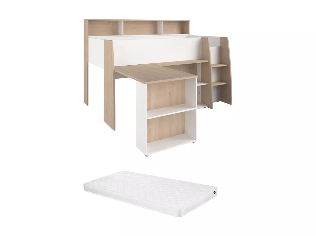 Lit combiné 90 x 200 cm avec bureau et rangements - Blanc et naturel + Matelas - APOLINO