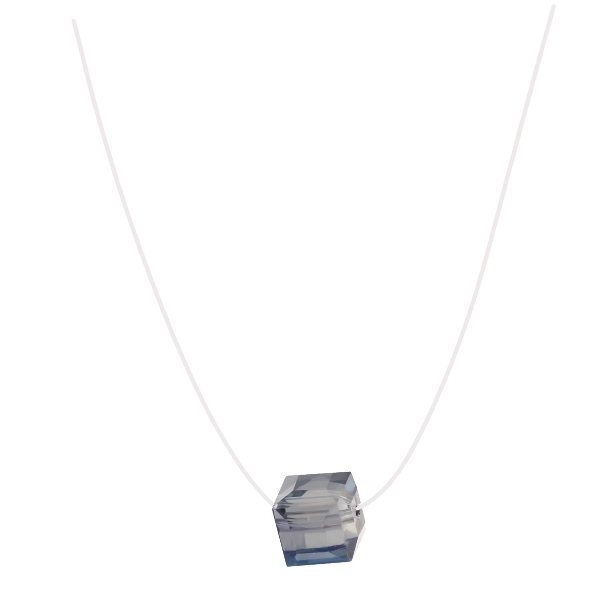 Collier fil de pêche avec cube cristal facetté couleur saphir longueur 40cm