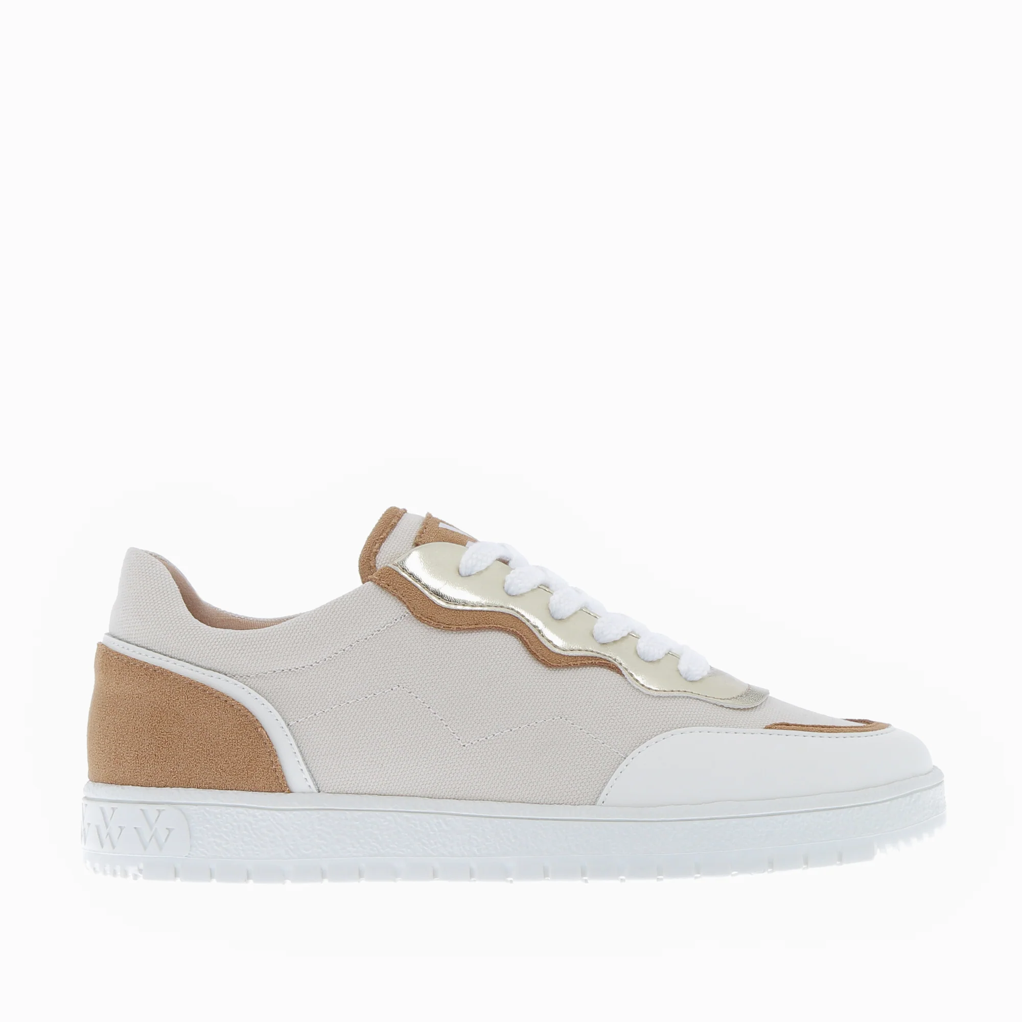 Sneakers-Baskets Enora en toile beige à détails camel et or