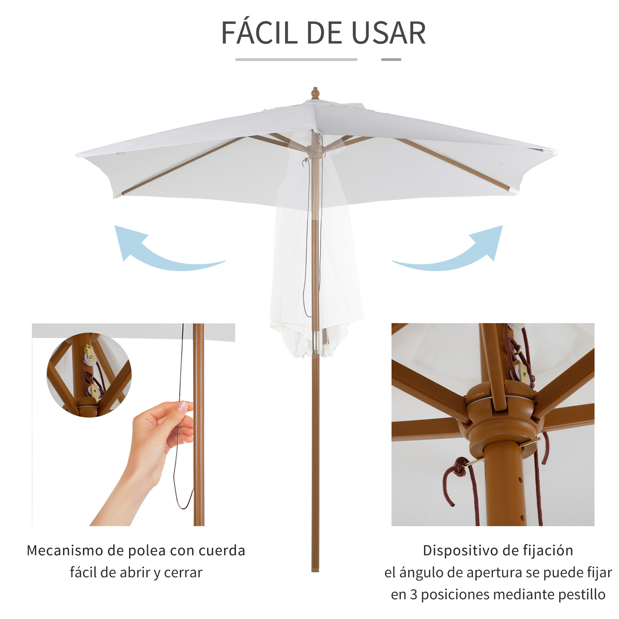 Guarda-sol de madeira Outsunny Ø250x230cm para uso externo com 6 varetas, sistema de corda com fixação removível, portátil, fácil de guardar e transportar, branco