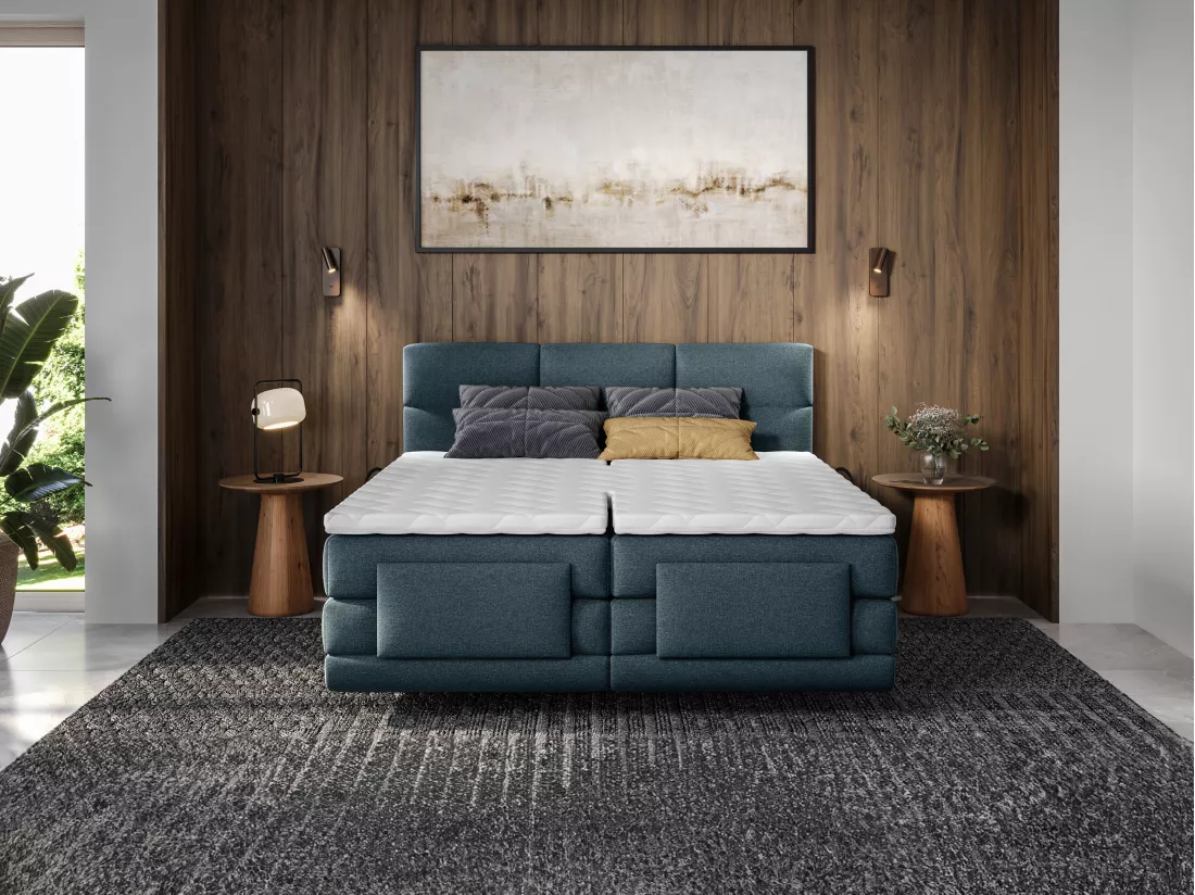 Ensemble complet boxspring tête de lit capitonnée + sommiers relaxation électrique + matelas + surmatelas - 2 x 90 x 200 cm - Tissu - Bleu - LODI de PALACIO