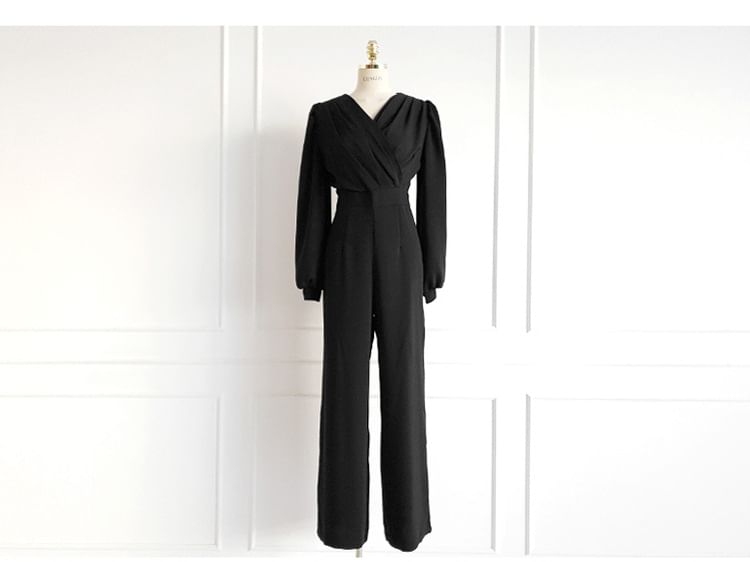 Cassidy - Lange mouwen V-hals effen jumpsuit