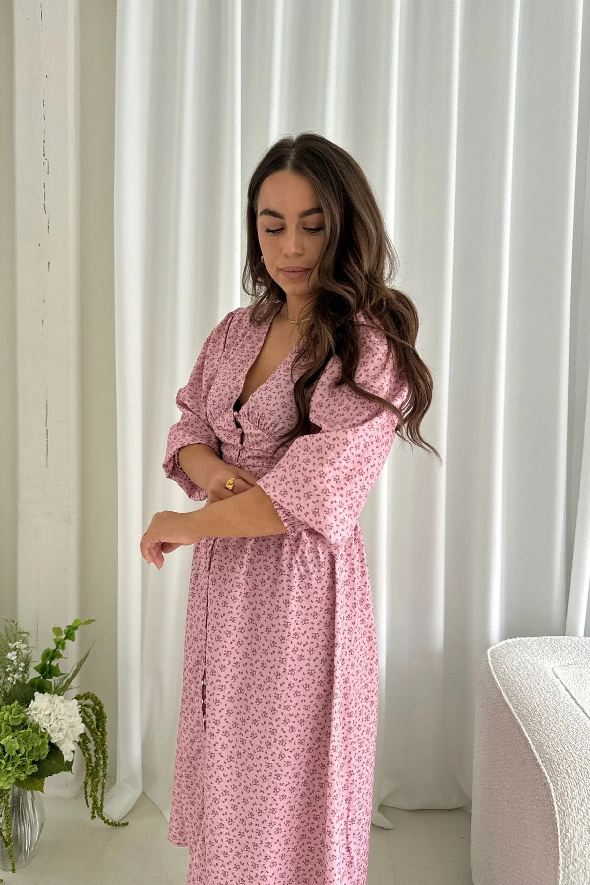 BYIC Adelic Long Dress pfsp pink flower stem print
