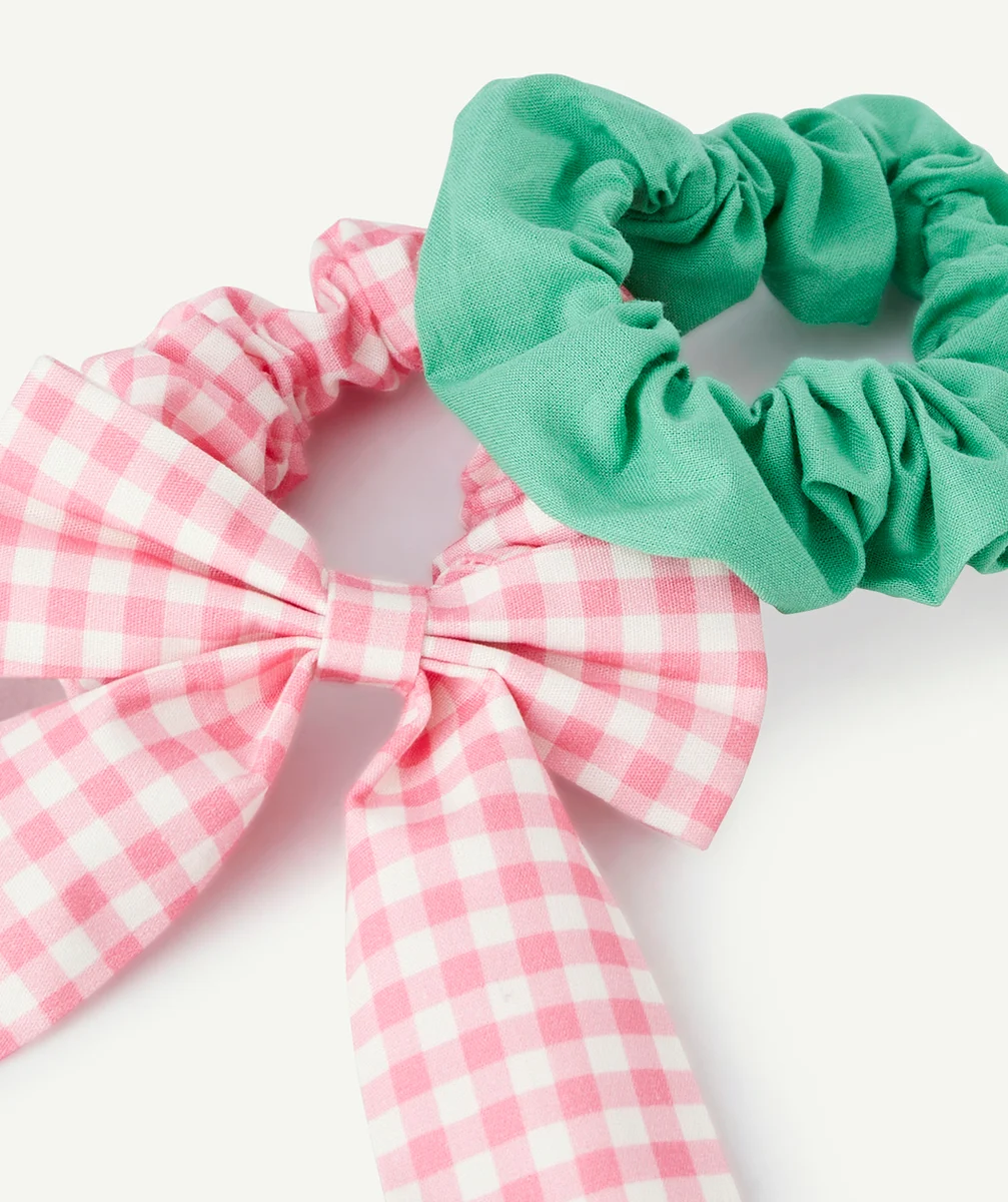 LOT DE 2 CHOUCHOUS FILLE ROSE EN VICHY AVEC NOEUD ET VERT