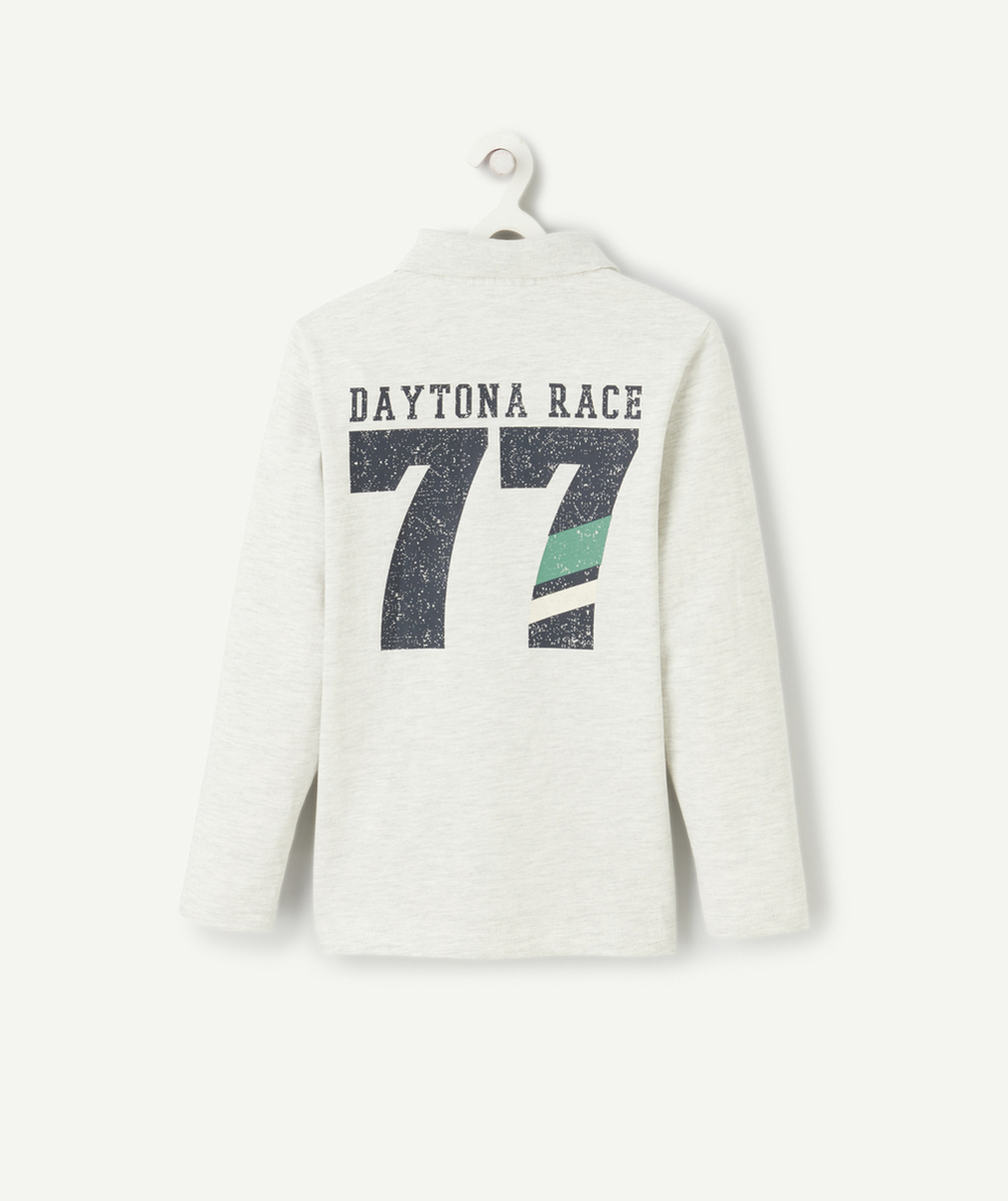 POLO GARÇON EN COTON BIO GRIS AVEC BANDES ET PATCHS THÈME RACING