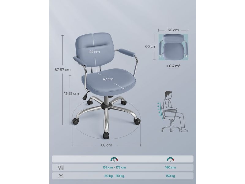 Songmics Bürostuhl mit Polsterrücken und Armlehnen, Blau Drehstuhl mit gebogenem Sitz