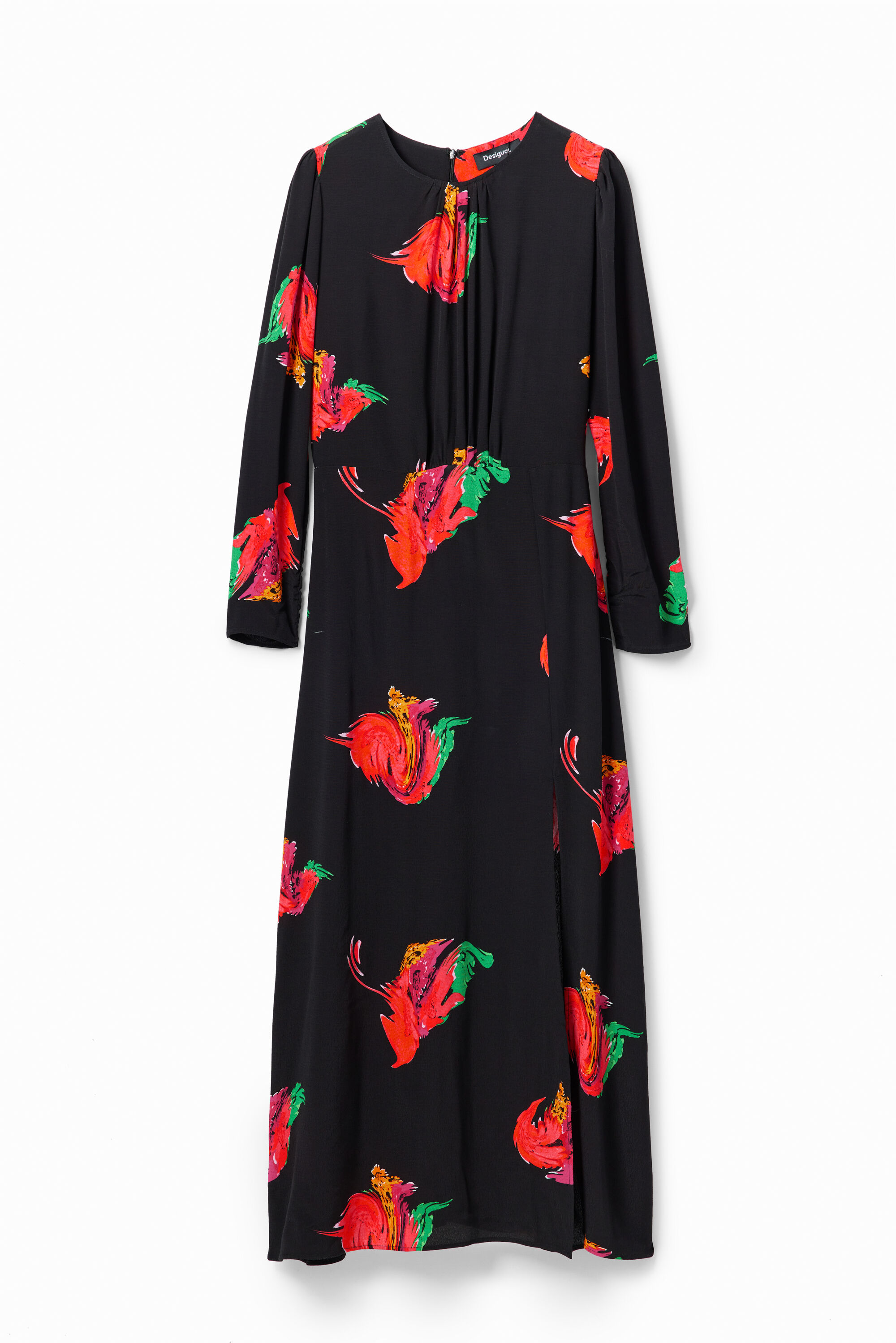 Vestido longo com fenda floral