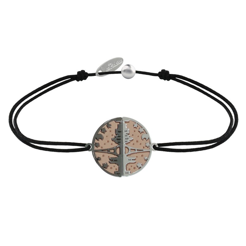 Bracelet Lien Médaille Argent Plaqué Or Rose Ruthénium Paris - Noir