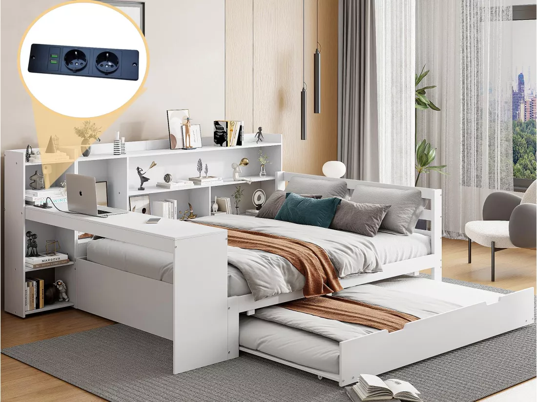 Canapé convertible en bois massif 140x200 cm - avec bureau + bibliothèque - compartiments de rangement + étagères - avec prises - avec lit gigogne - blanc