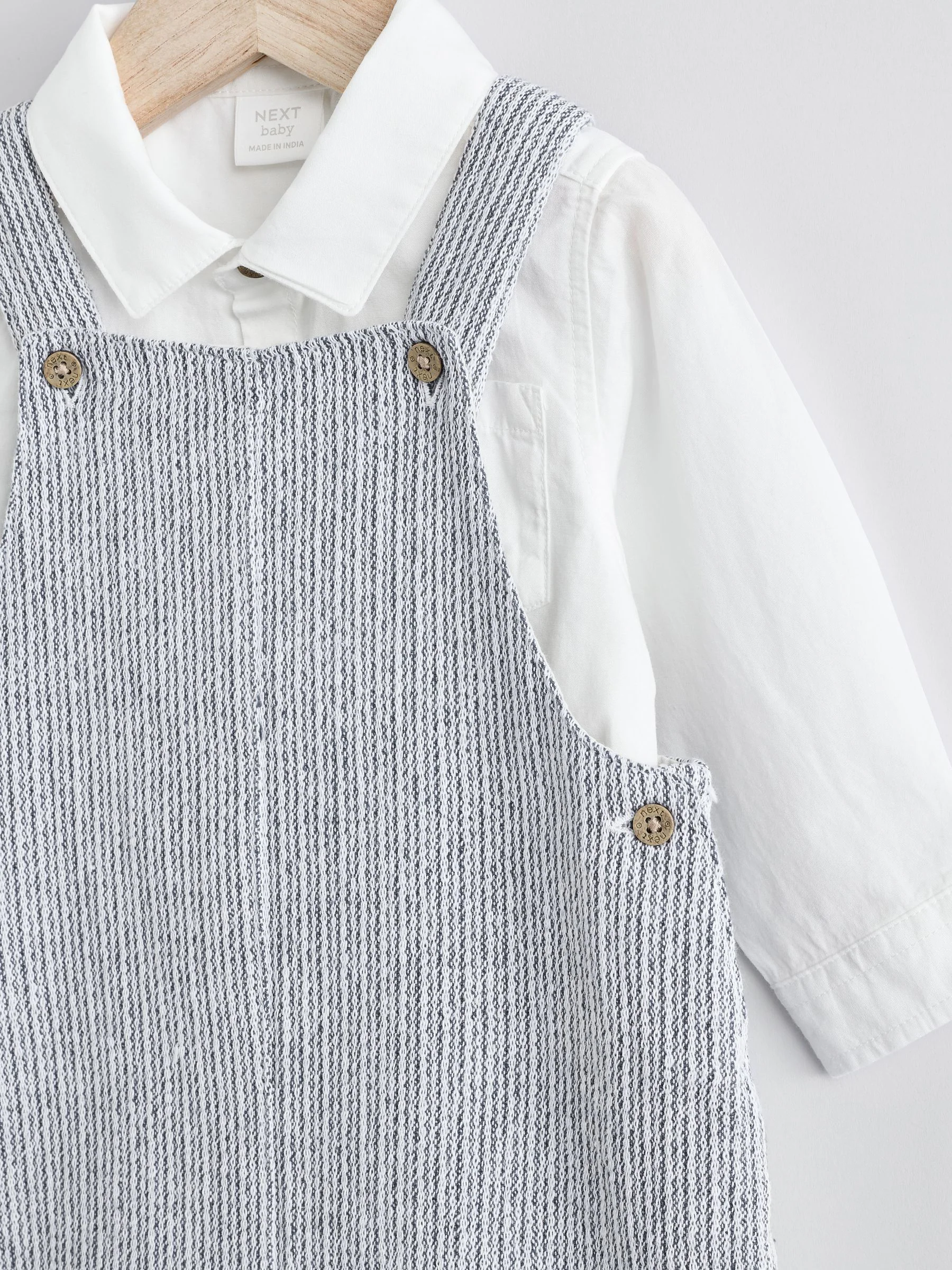 Grijs/wit - Geweven babyset van 100% katoenen bretelbroek en bodysuit (0mnd -3jr)