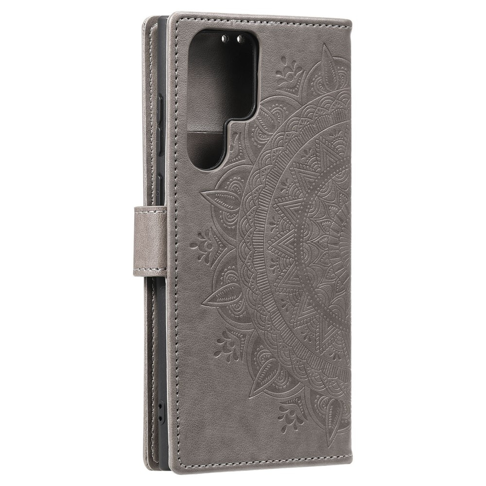 Samsung Galaxy S24 Ultra Leder Tasche Wallet - Mandala Flowers Imprint - Grau