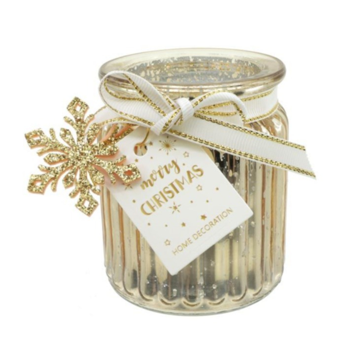 Glitzer Kerzen Glas Merry Christmas Weihnachts Home Deko inkl. Schneeflocke / Stoffband (13704) - Gold