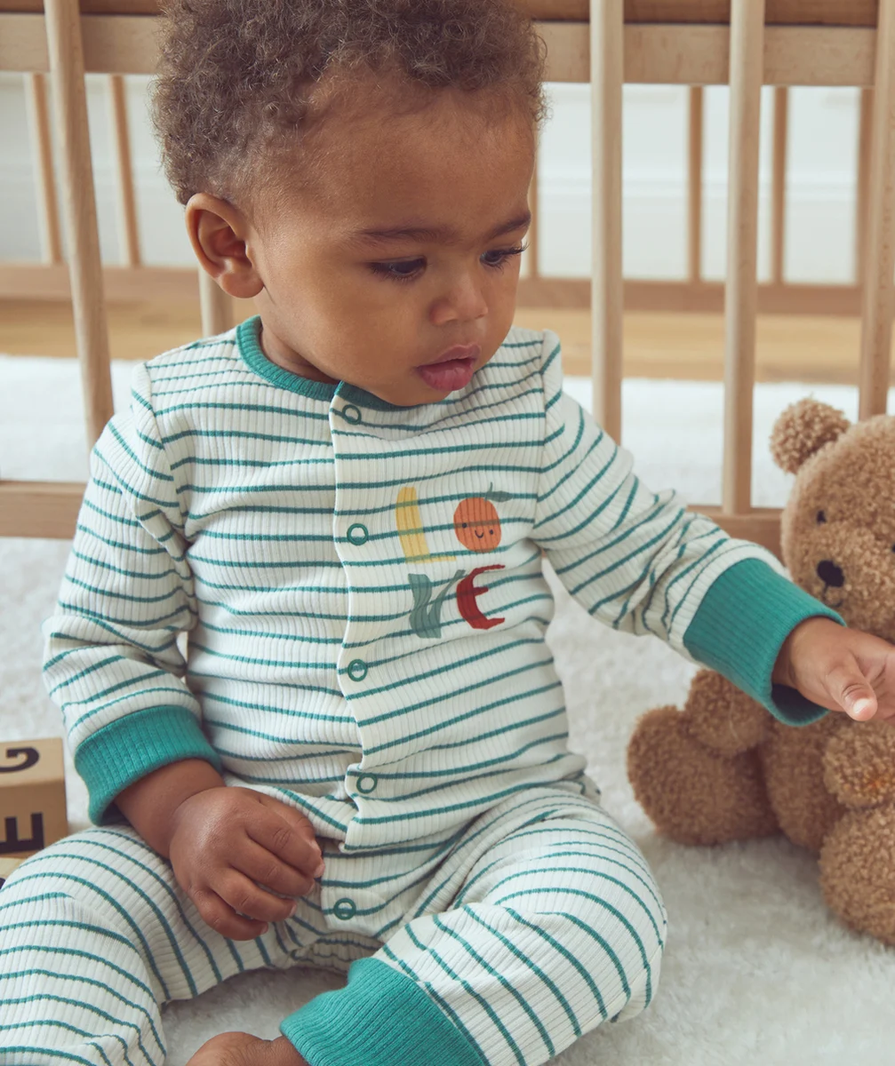 dors bien transformable bébé en coton bio côtelé écru vert et rayé