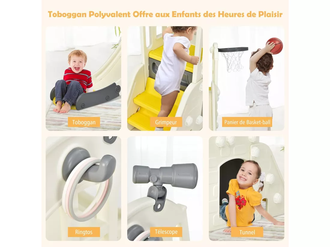 Toboggan 6 en 1 pour Enfant - Glisse de 140 CM - avec Panier de Basket, Escalade, Lancer d'Anneaux et Télescope,Toboggan Intérieure,Aire de Jeux Extérieure 3-8 Ans, Jaune