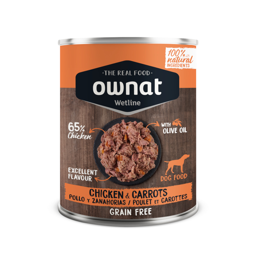 Ração enlatada Ownat Wetline com frango e cenoura para cães.