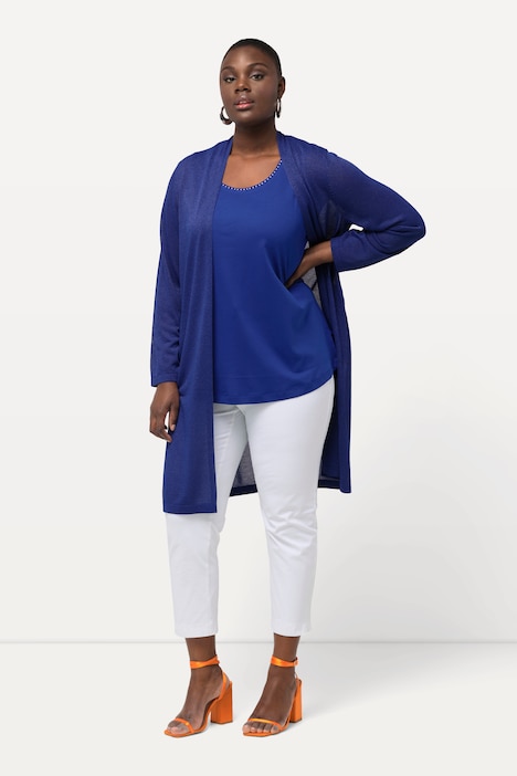 Long-Strickjacke, Glitzer, Stehkragen, V-Ausschnitt