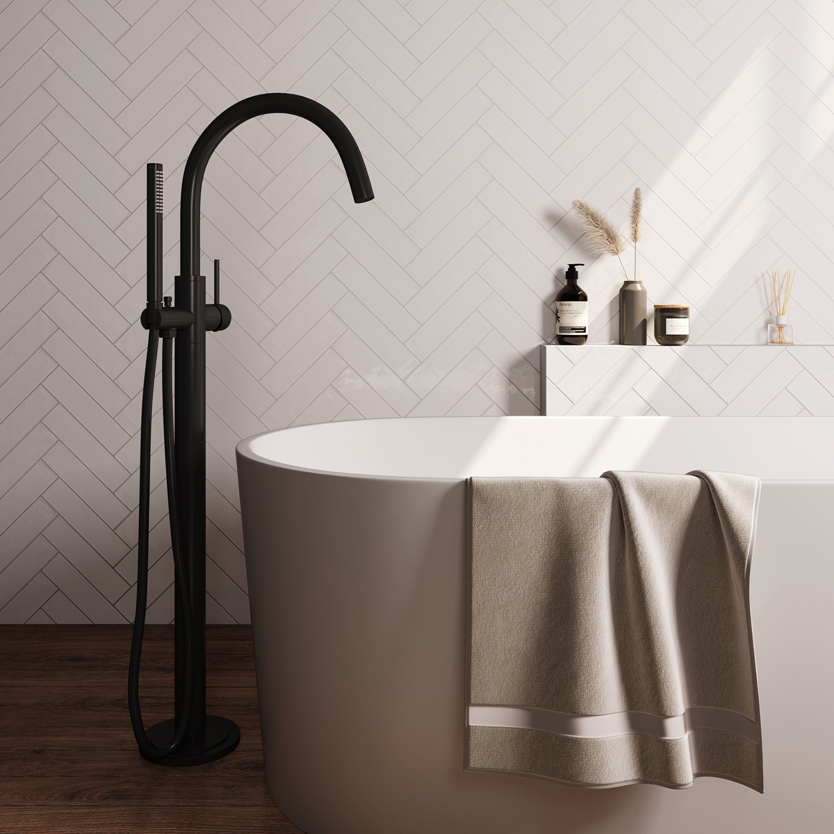 Brauer Stripe vrijstaande badmengkraan met staafhanddouche zwart mat