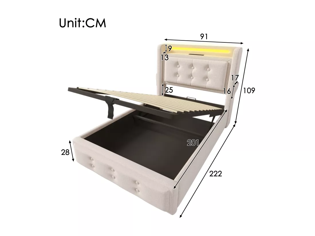 Lit coffre 90 x 200 cm avec tête de lit LED, prise USB Type-C - Tissu en coton - Beige (sans matelas)