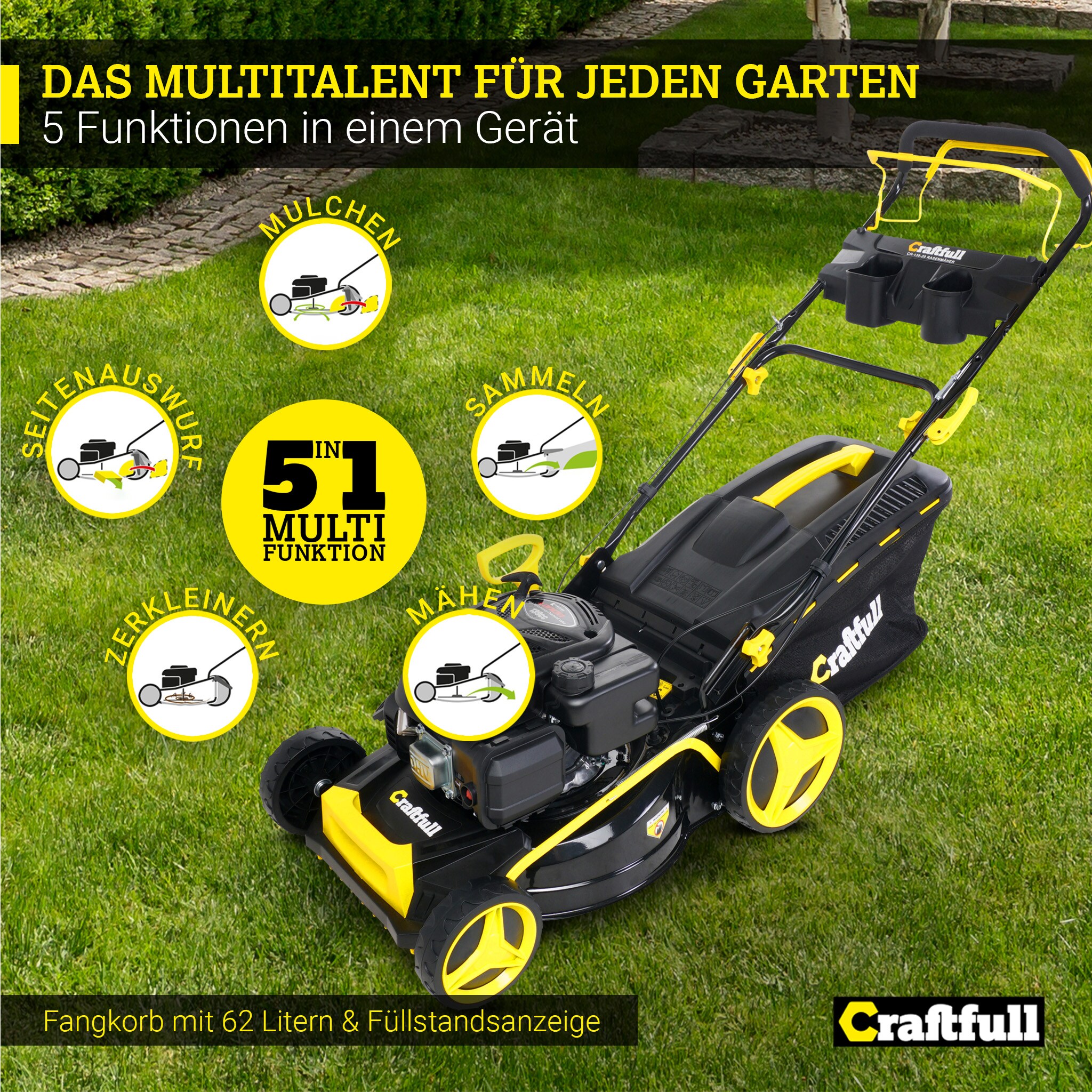 Craftfull Premium Benzin-Rasenmäher CR-139-20, 5in1, GT-Leichtlaufgetriebe, 139-cc-Motor, Easy-Clean