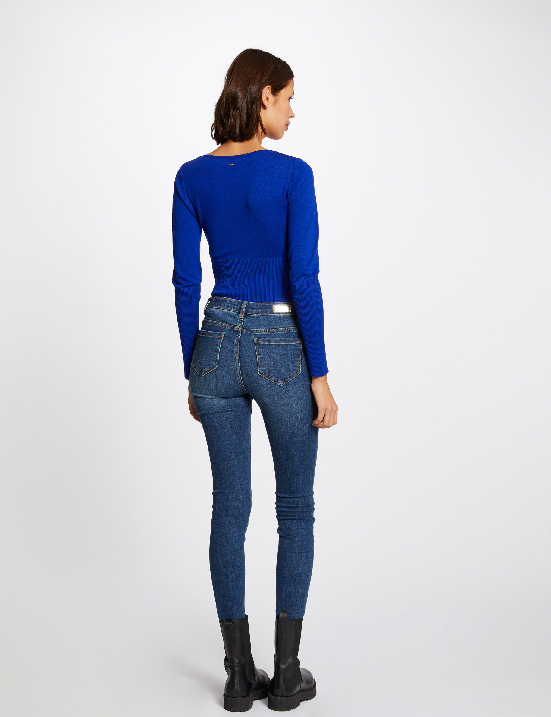 Pull manches longues à détail zippé bleu electrique femme - bleu_electrique