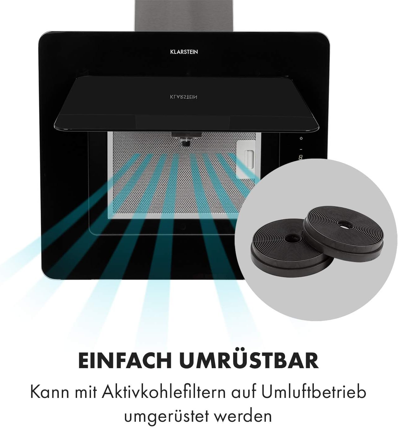 Klarstein Helena Dunstabzugshaube kopffrei, Kopffreihaube Wandhaube mit 595 m³/h, RGB Ambiente-Licht, Umluft & Abluft, LED-Beleuchtung, Touch-Control, 60 cm, schwarz