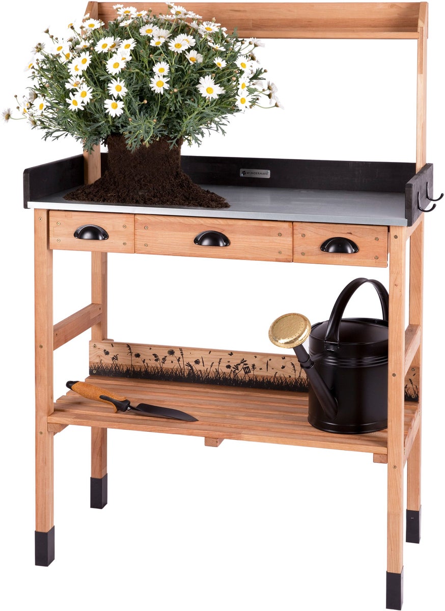 WONDERMAKE - Premium kersenhouten pottentafel met laden, weerbestendig, XL tuinwerktafel voor buiten op balkons, hoogwaardige tuintafel, donkerbruin/zwart