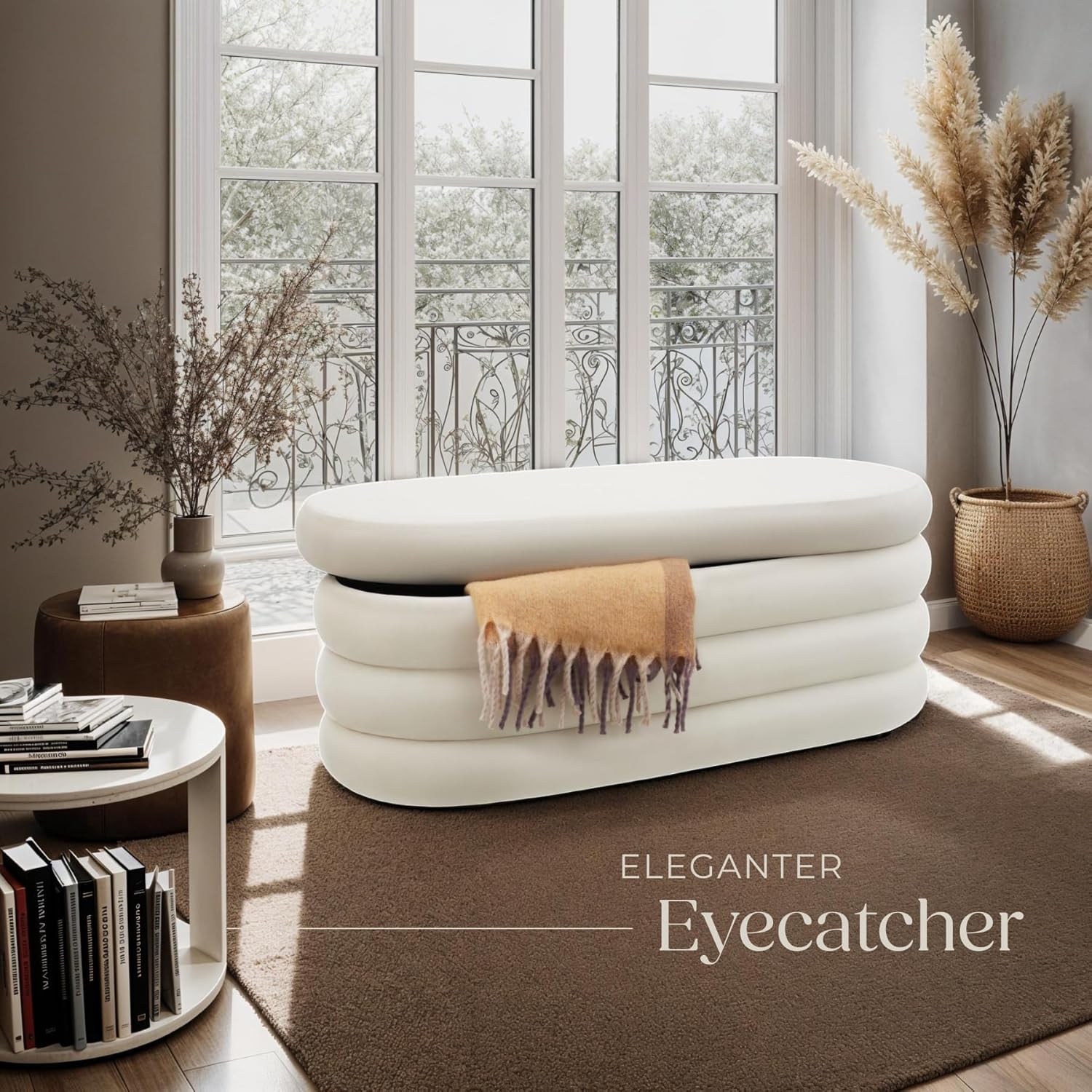 tectake® Sitzbank mit Stauraum, Sitzhocker, Hocker mit Stauraum, Pouf, Polsterhocker, Sitztruhe, Truhe mit Deckel, Truhenbank mit Stauraum, Möbel Wohnzimmer, 110 x 45 x 42 cm - Samtoptik Creme-weiß