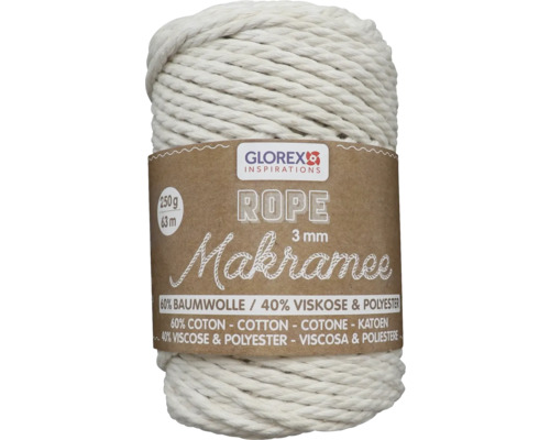 Macramé gedraaide wol, crème, 3 mm, 250 g