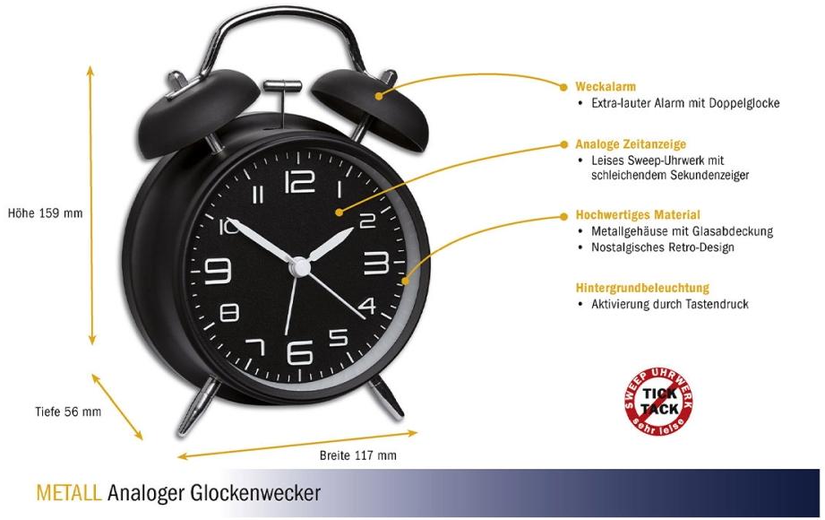 Elektronischer Wecker mit Doppelglocke, SchwarzAnaloger Wecker mit extra lautem Alarm