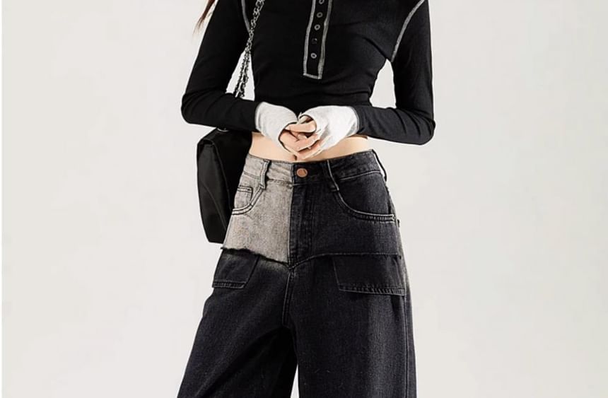 Vhancy - High Waist Washed Patchwork Cargo Jeans met Wijde Pijpen