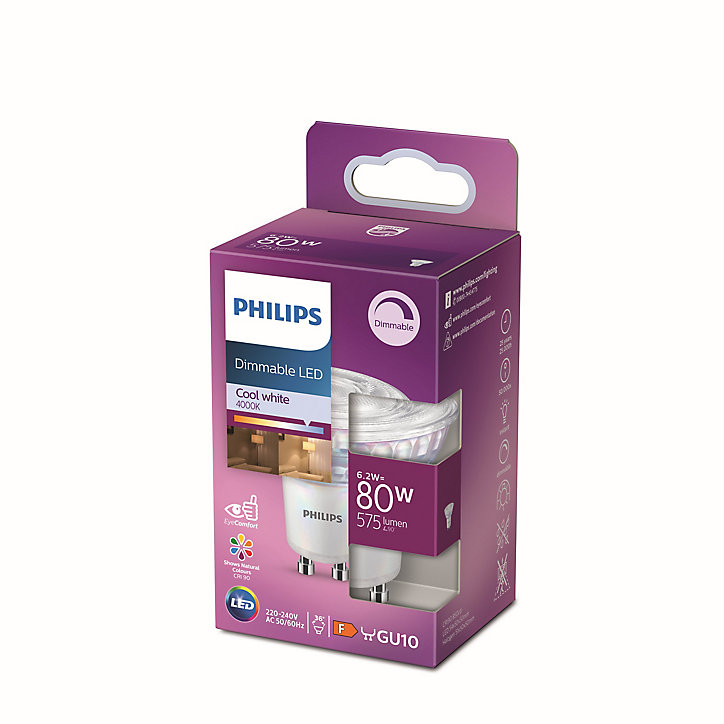 Spot LED dimmable GU10 680lm 6.2W IP20 blanc froid Philips