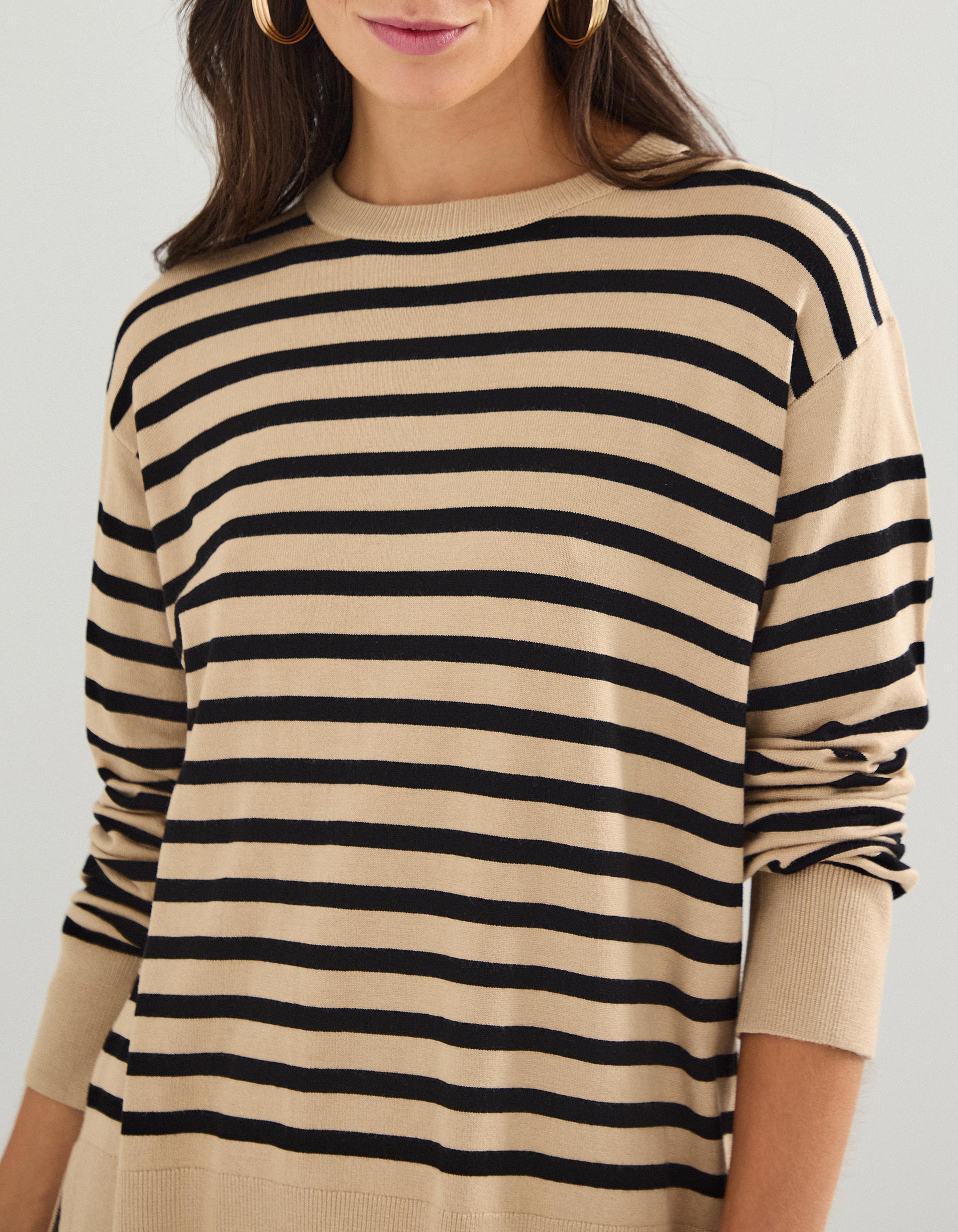 Camisola de Malha com Riscas, Mulher, Bege