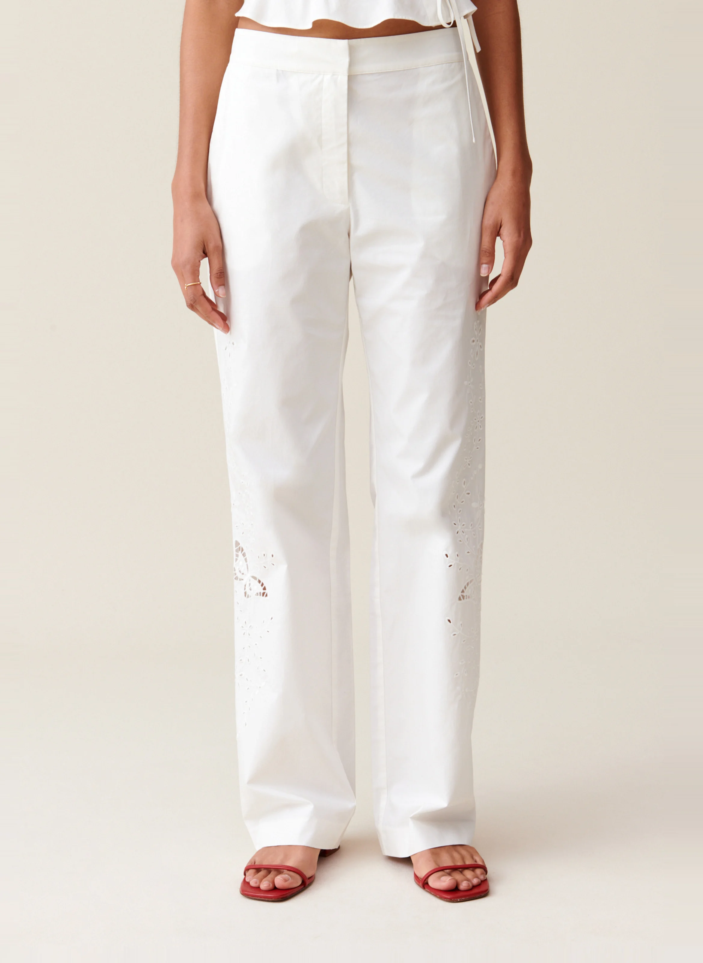 Pantalon droit brodé en coton | Blanc