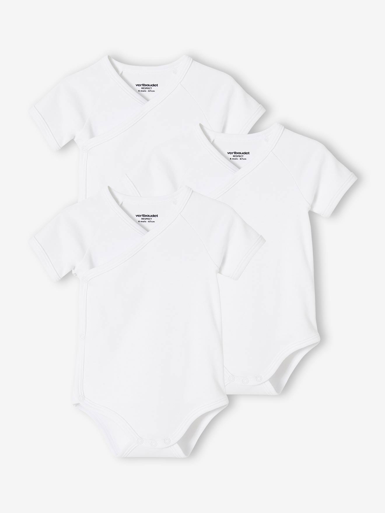 Conjunto de 3 bodies de manga curta da Coleção BIO com abertura para recém-nascidos, branco claro, bicolor/multicolorido