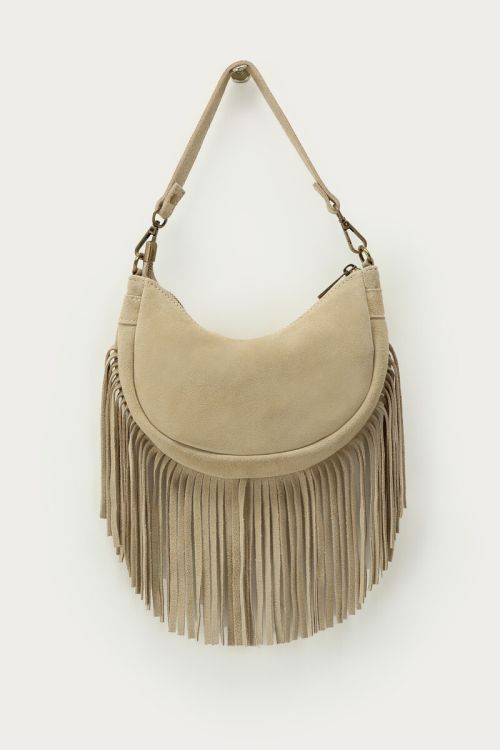 Beige suède schoudertas met franjes