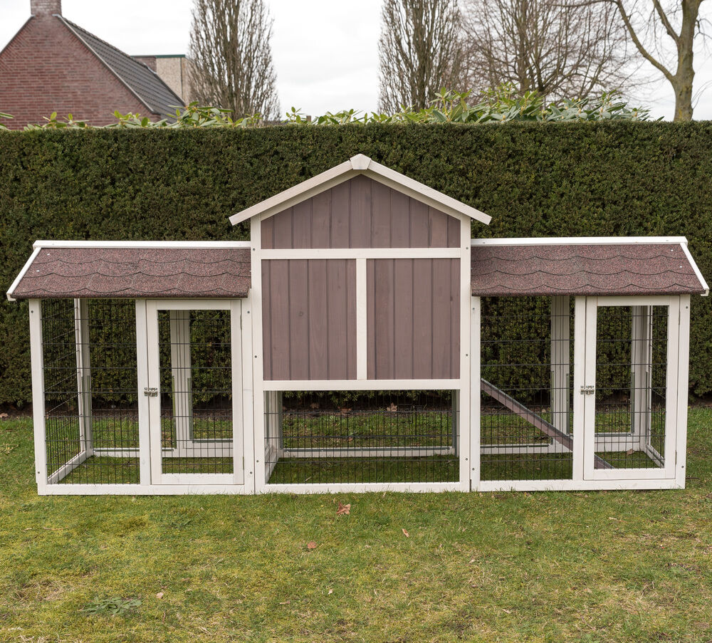 Konijnenhok Amalie met rennen - Whitewash/grijs - 118x239x70 cm