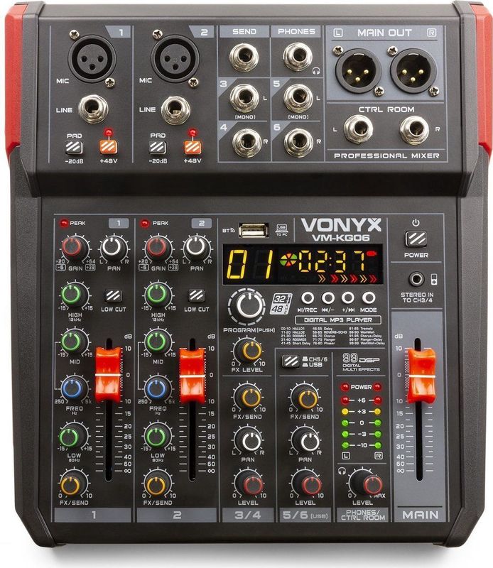 Mengtafel - Vonyx VM-KG06 - 6-kanaals mengpaneel Bluetooth, DSP, mp3 speler en USB audio interface