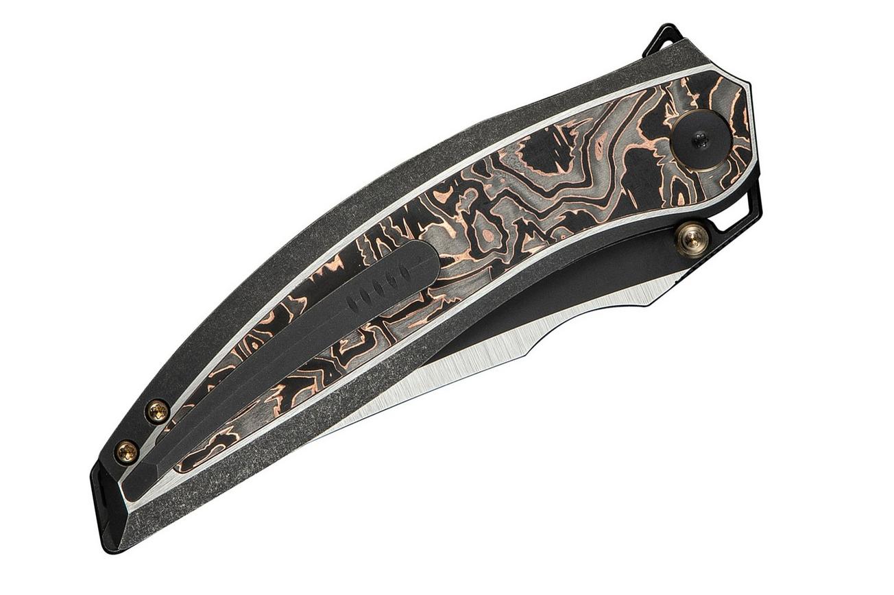 WE Knife Quinseris WE23093-1 Satin, Black Titanium Copper Foil Carbon Inlay, zakmes